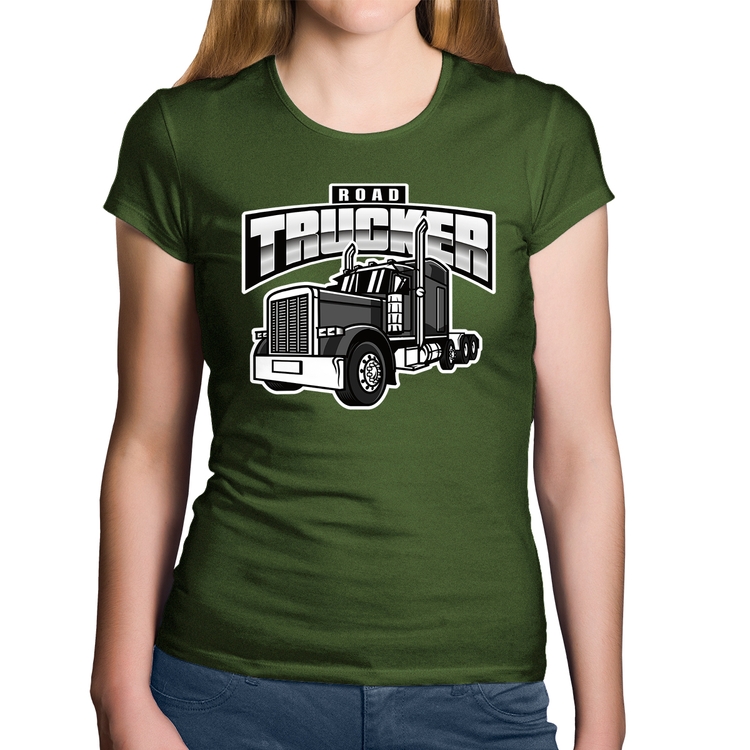 Baby Look Algodão Caminhão Road Trucker Caminhoneiro - Musgo
