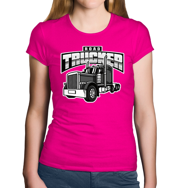 Baby Look Algodão Caminhão Road Trucker Caminhoneiro - Rosa