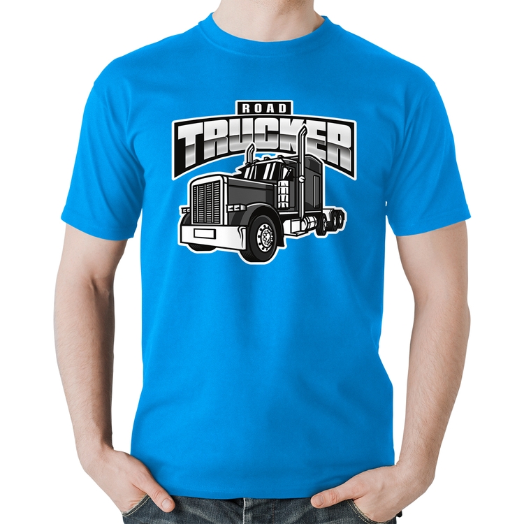 Camiseta Algodão Caminhão Road Trucker Caminhoneiro - Azul