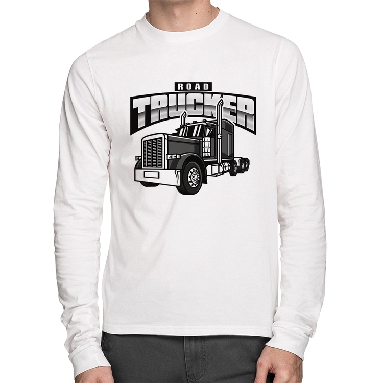 Camiseta Algodão Caminhão Road Trucker Caminhoneiro Manga Longa - Branca
