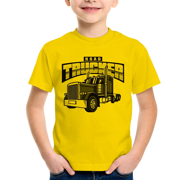 Camiseta Infantil Caminhão Road Trucker Caminhoneiro - Amarela