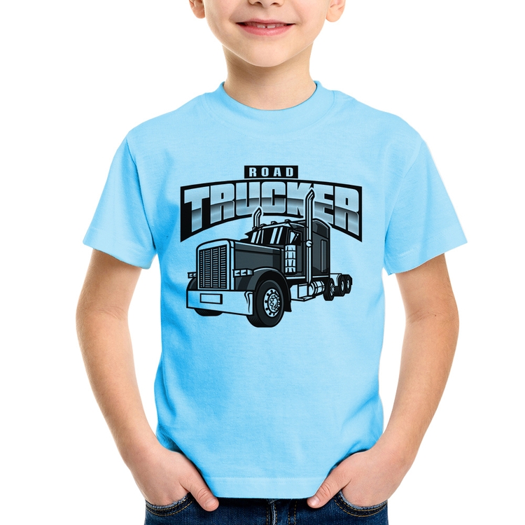 Camiseta Infantil Caminhão Road Trucker Caminhoneiro - Azul Bebê
