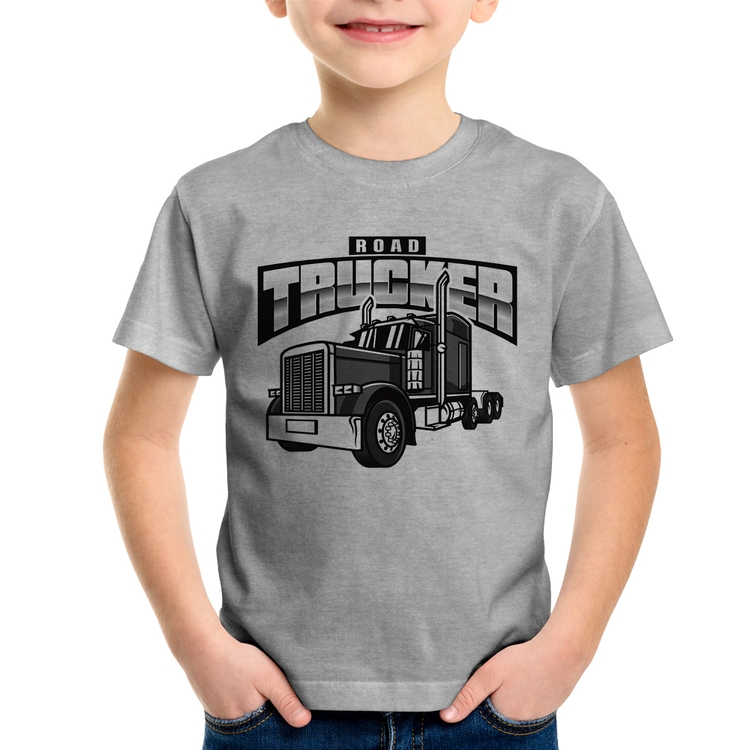 Camiseta Infantil Caminhão Road Trucker Caminhoneiro - Cinza