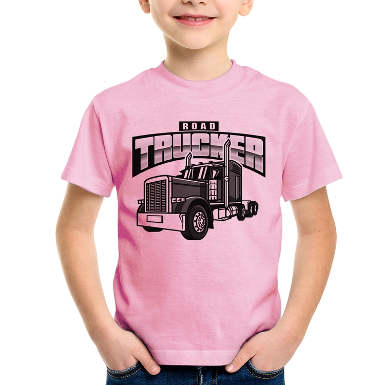 Camiseta Infantil Caminhão Road Trucker Caminhoneiro - Rosa Bebê