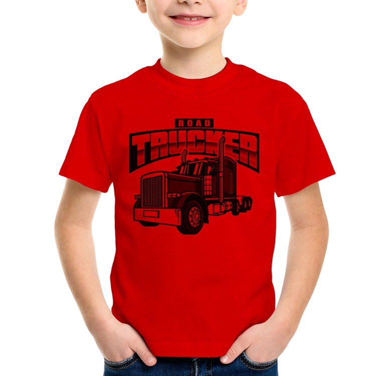 Camiseta Infantil Caminhão Road Trucker Caminhoneiro - Vermelha