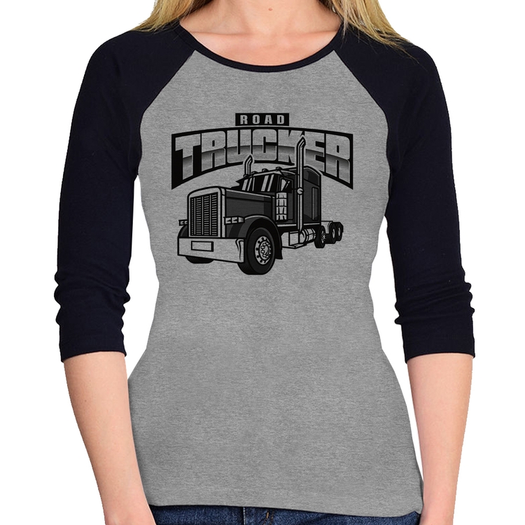 Baby Look Raglan Caminhão Road Trucker Caminhoneiro Manga 3/4 - Cinza/Preto