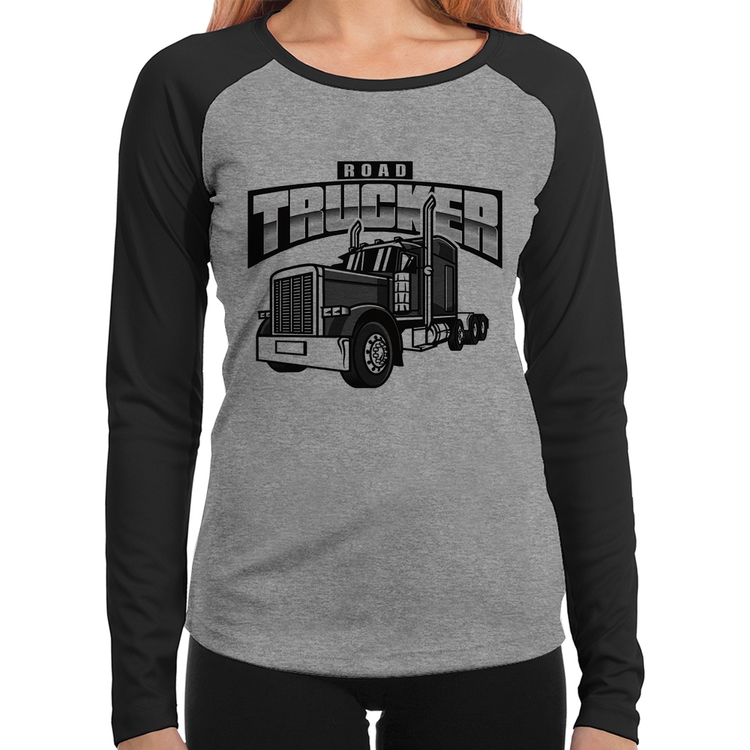 Baby Look Raglan Caminhão Road Trucker Caminhoneiro Manga Longa - Cinza/Preto