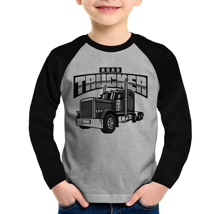 Camiseta Raglan Infantil Caminhão Road Trucker Caminhoneiro Manga Longa - Cinza/Preto
