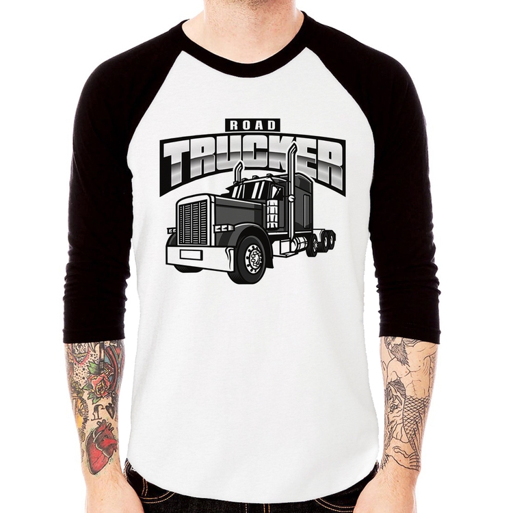 Camiseta Raglan Caminhão Road Trucker Caminhoneiro Manga 3/4