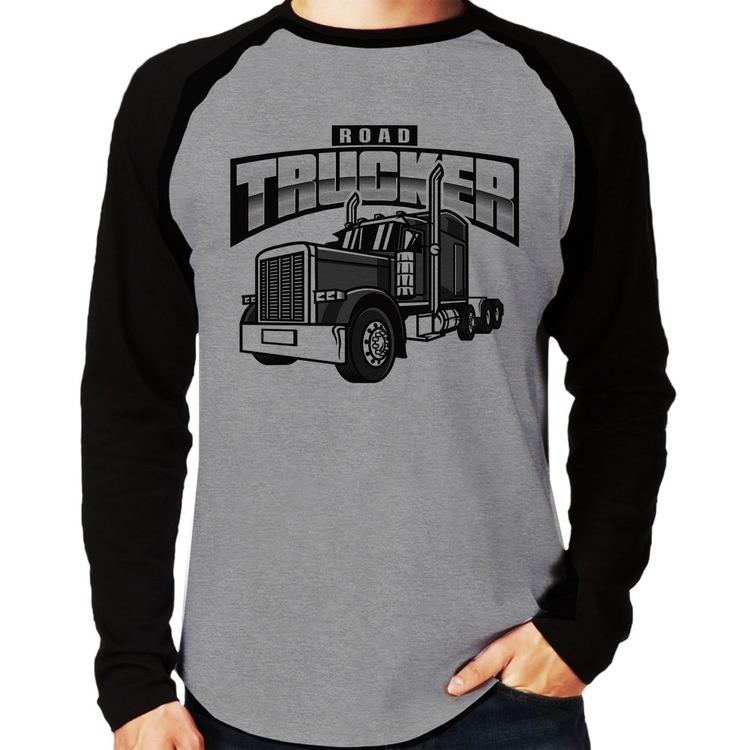 Camiseta Raglan Caminhão Road Trucker Caminhoneiro Manga Longa - Cinza/Preto