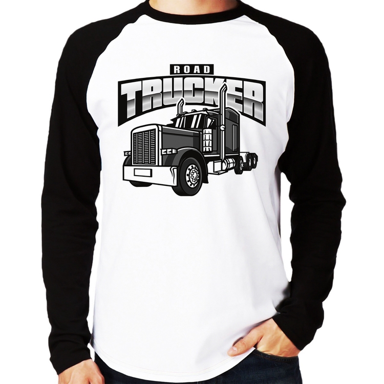 Camiseta Raglan Caminhão Road Trucker Caminhoneiro Manga Longa
