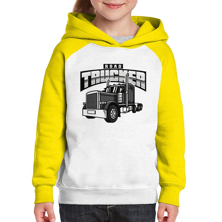 Moletom Infantil Caminhão Road Trucker Caminhoneiro - Branco/Amarelo