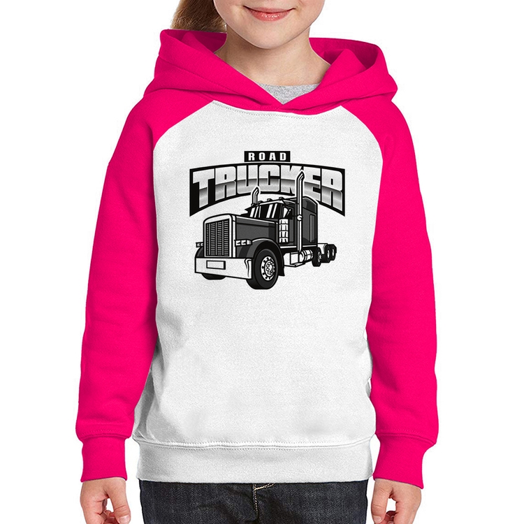 Moletom Infantil Caminhão Road Trucker Caminhoneiro - Branco/Rosa