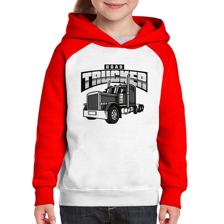 Moletom Infantil Caminhão Road Trucker Caminhoneiro - Branco/Vermelho