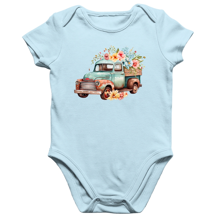Body Bebê Algodão Caminhão Vintage e Flores - Azul Bebê