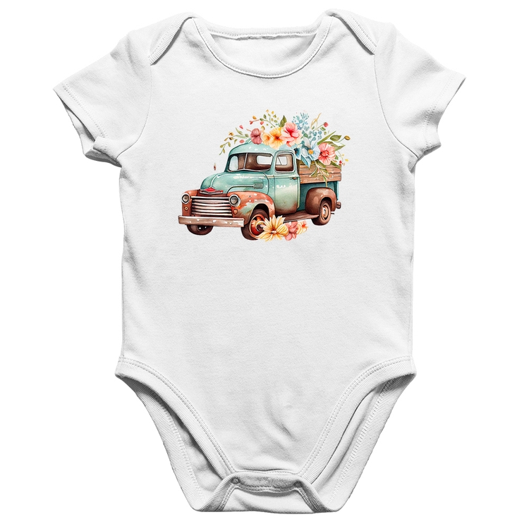 Body Bebê Algodão Caminhão Vintage e Flores - Branco