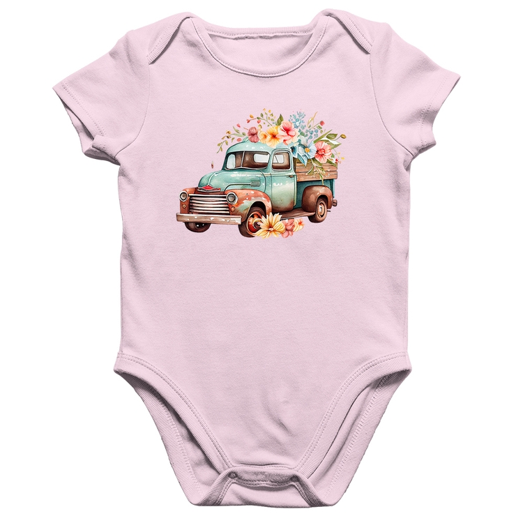 Body Bebê Algodão Caminhão Vintage e Flores - Rosa Bebê