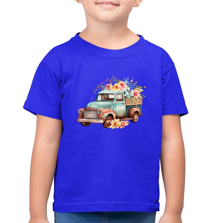 Camiseta Algodão Infantil Caminhão Vintage e Flores - Azul Royal