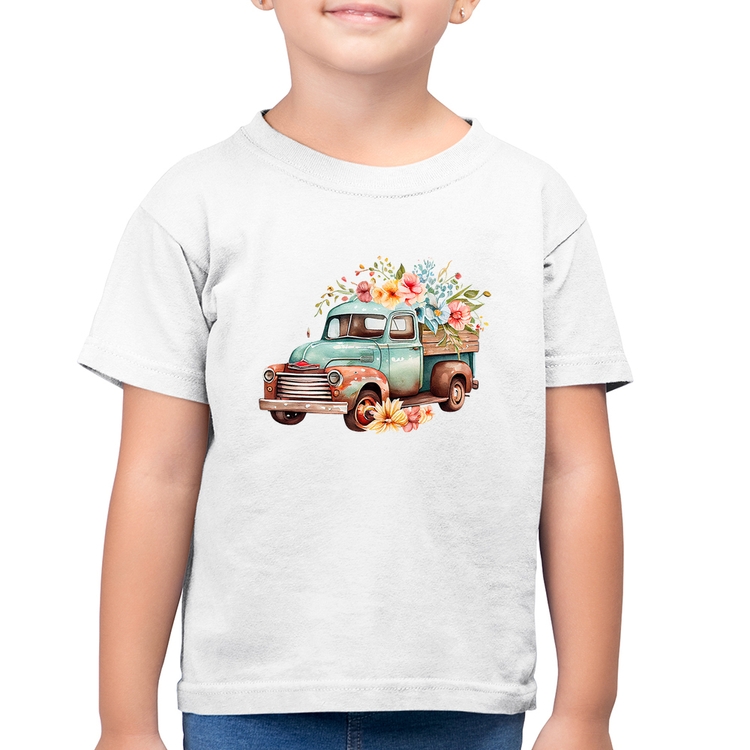 Camiseta Algodão Infantil Caminhão Vintage e Flores - Branca