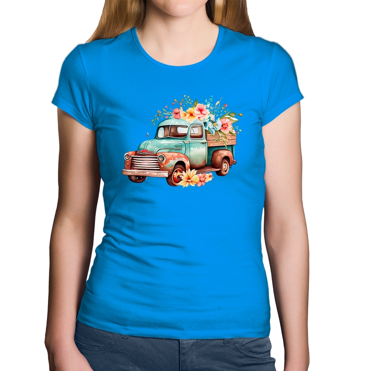 Baby Look Algodão Caminhão Vintage e Flores - Azul