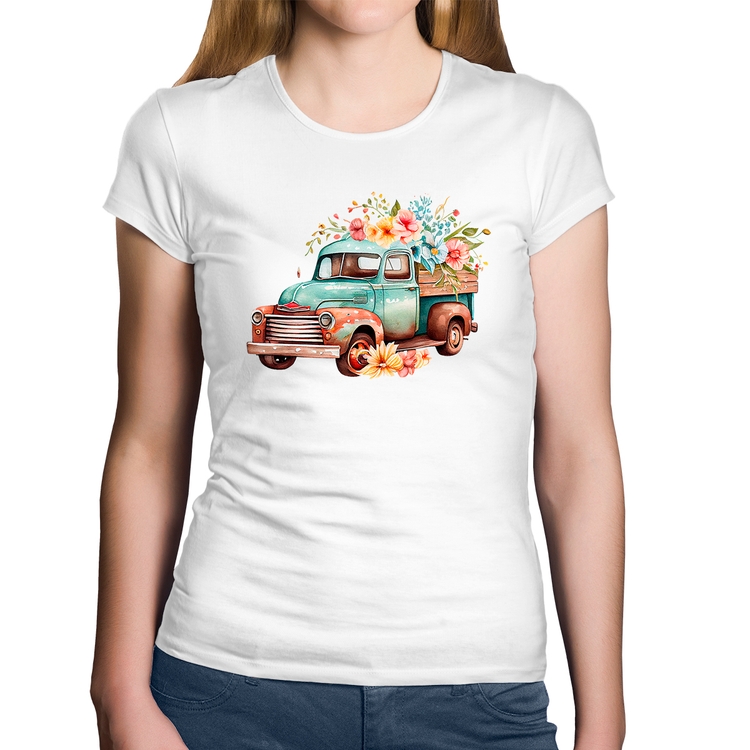 Baby Look Algodão Caminhão Vintage e Flores - Branca