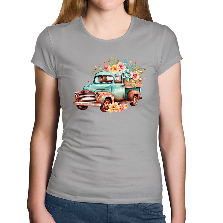 Baby Look Algodão Caminhão Vintage e Flores - Cinza