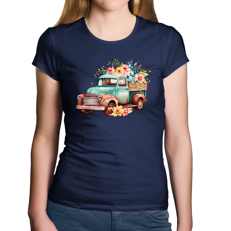 Baby Look Algodão Caminhão Vintage e Flores - Marinho