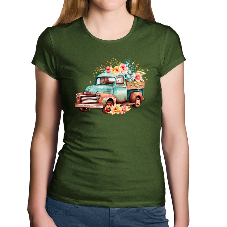 Baby Look Algodão Caminhão Vintage e Flores - Musgo