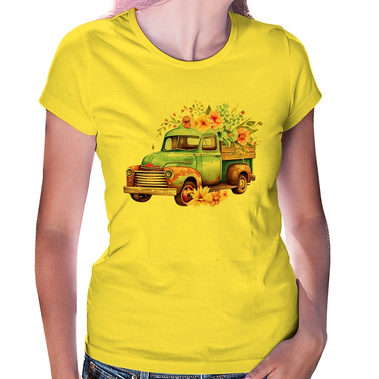 Baby Look Caminhão Vintage e Flores - Amarela