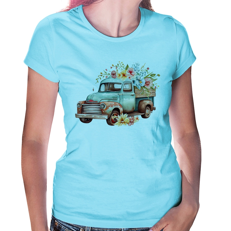 Baby Look Caminhão Vintage e Flores - Azul Bebê