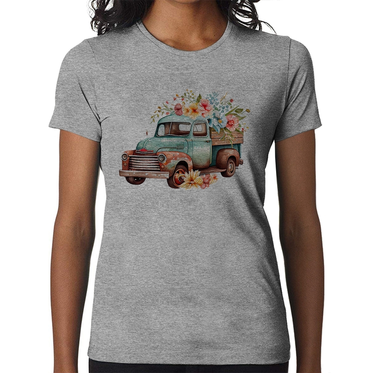 Baby Look Caminhão Vintage e Flores - Cinza