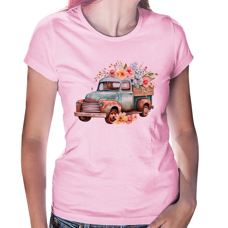 Baby Look Caminhão Vintage e Flores - Rosa Bebê
