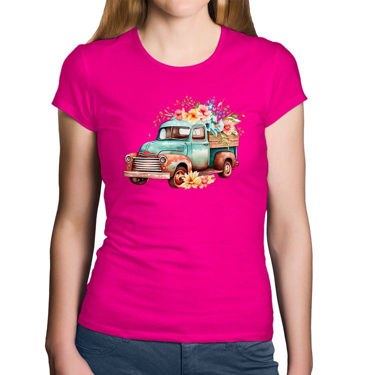 Baby Look Algodão Caminhão Vintage e Flores - Rosa