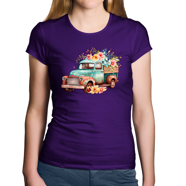 Baby Look Algodão Caminhão Vintage e Flores - Roxa