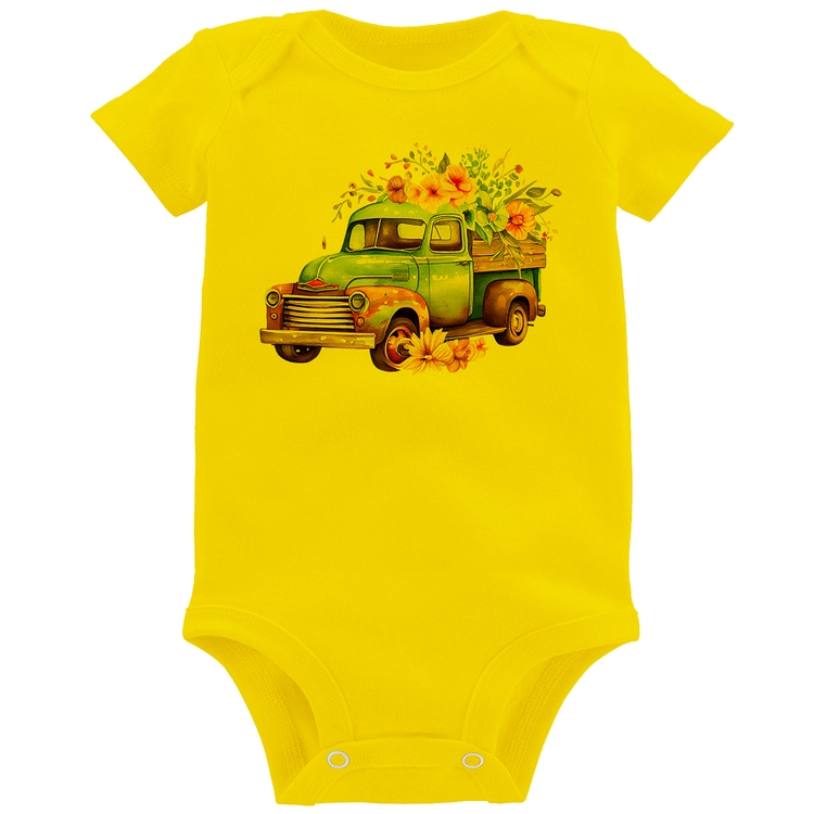 Body Bebê Caminhão Vintage e Flores - Amarelo