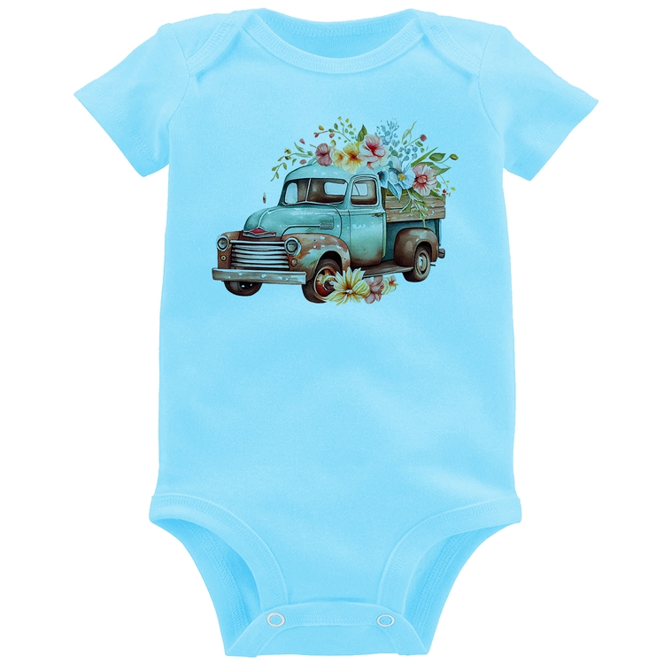 Body Bebê Caminhão Vintage e Flores - Azul Bebê
