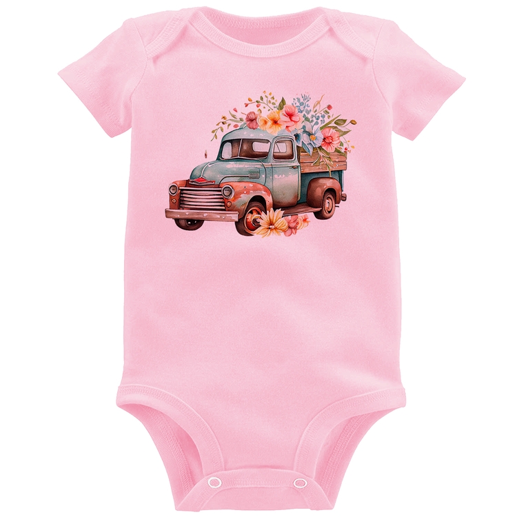 Body Bebê Caminhão Vintage e Flores - Rosa Bebê