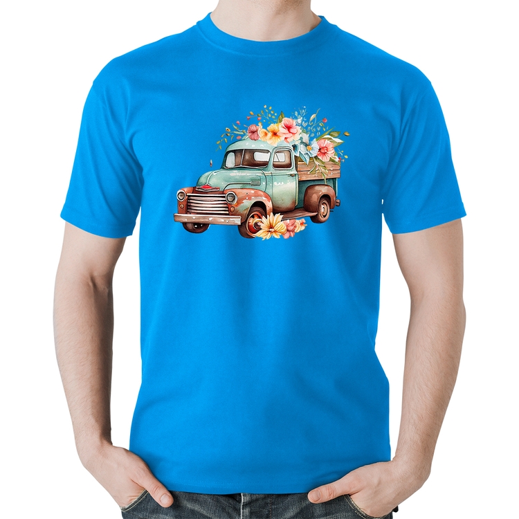 Camiseta Algodão Caminhão Vintage e Flores - Azul