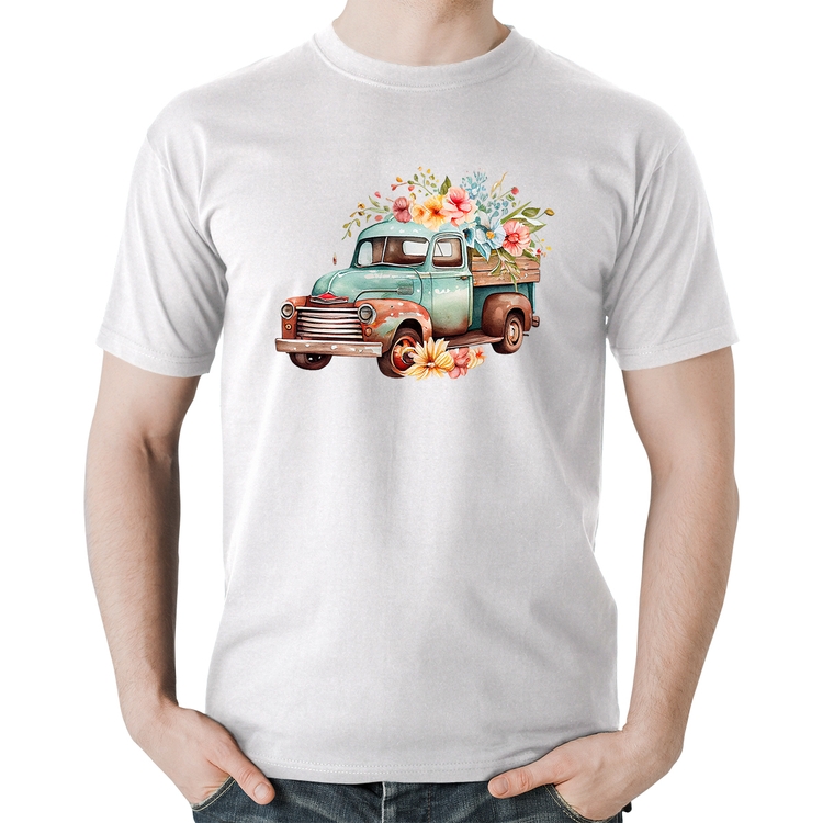 Camiseta Algodão Caminhão Vintage e Flores - Branca