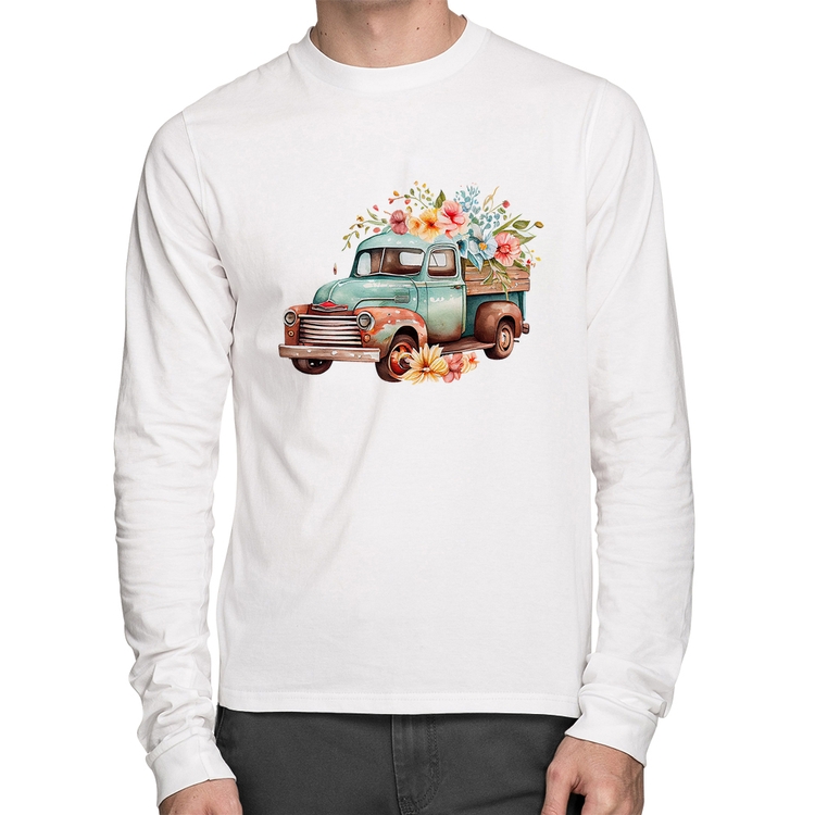 Camiseta Algodão Caminhão Vintage e Flores Manga Longa - Branca
