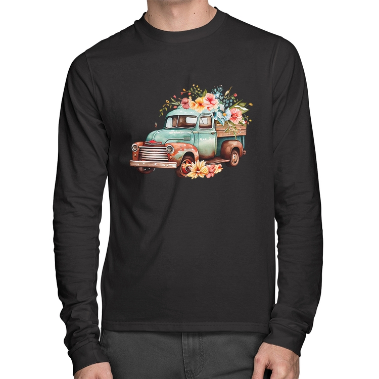 Camiseta Algodão Caminhão Vintage e Flores Manga Longa
