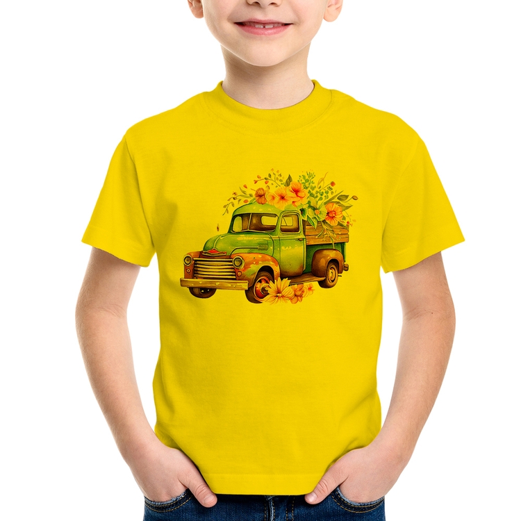 Camiseta Infantil Caminhão Vintage e Flores - Amarela