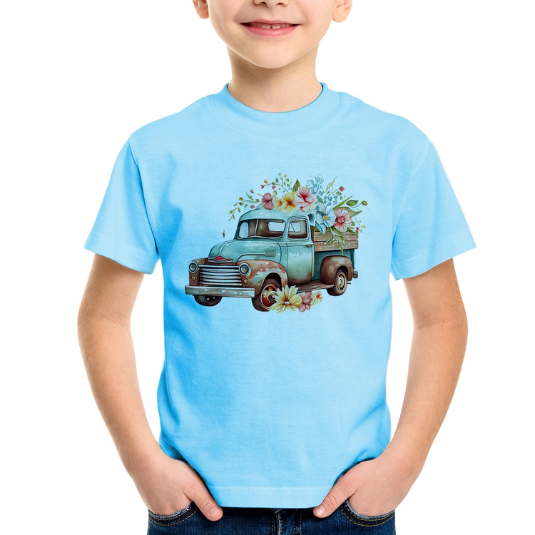 Camiseta Infantil Caminhão Vintage e Flores - Azul Bebê