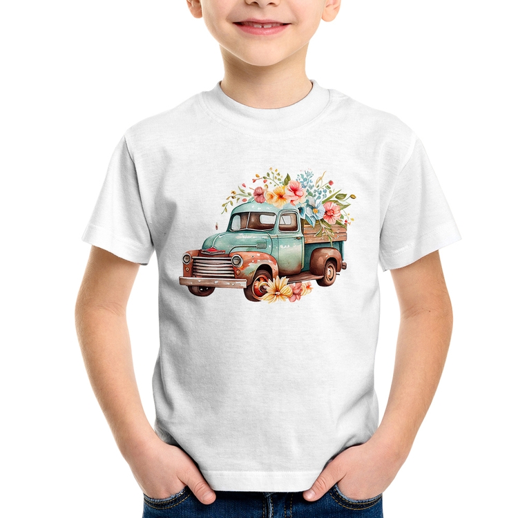 Camiseta Infantil Caminhão Vintage e Flores