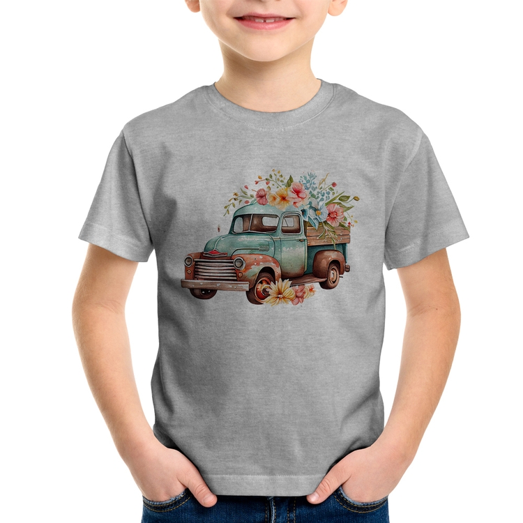 Camiseta Infantil Caminhão Vintage e Flores - Cinza