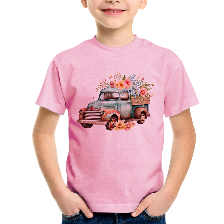 Camiseta Infantil Caminhão Vintage e Flores - Rosa Bebê