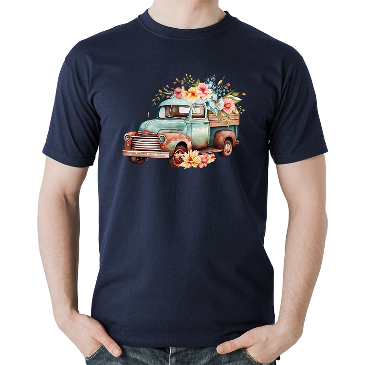 Camiseta Algodão Caminhão Vintage e Flores - Marinho