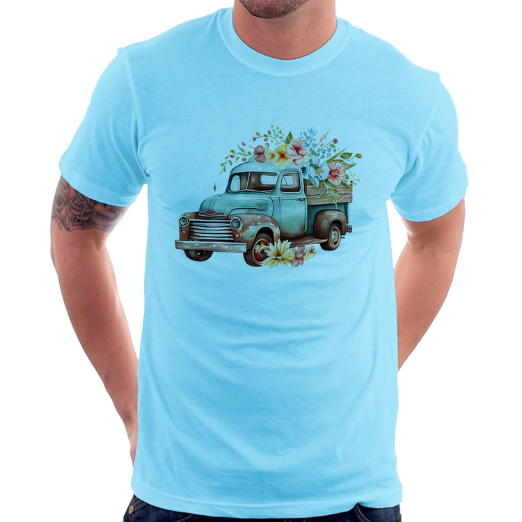 Camiseta Caminhão Vintage e Flores - Azul Bebê