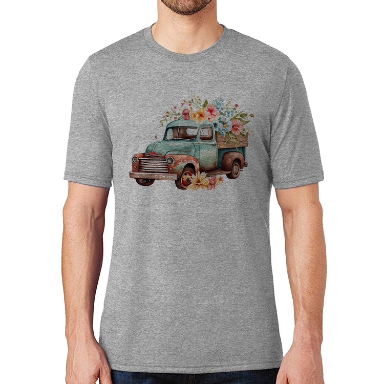 Camiseta Caminhão Vintage e Flores - Cinza