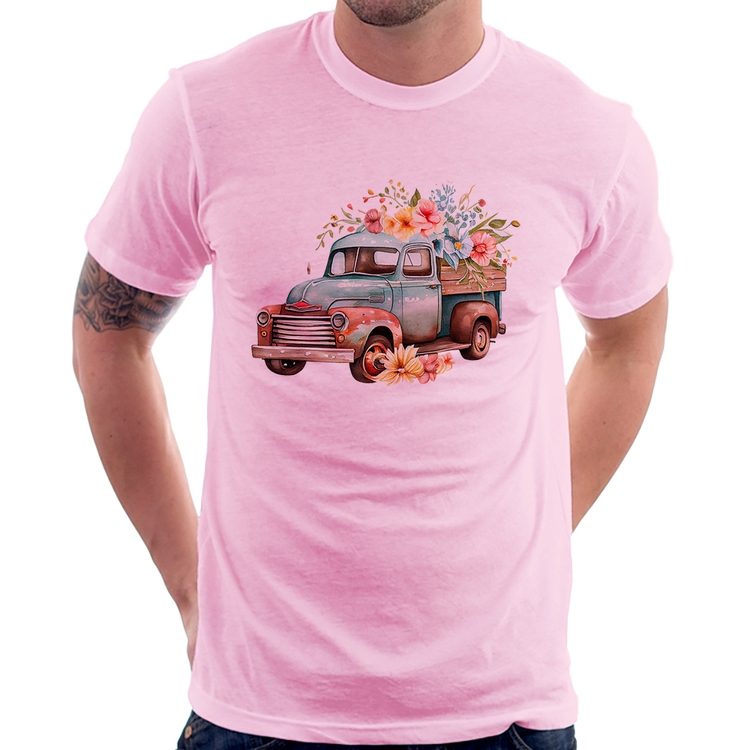 Camiseta Caminhão Vintage e Flores - Rosa Bebê